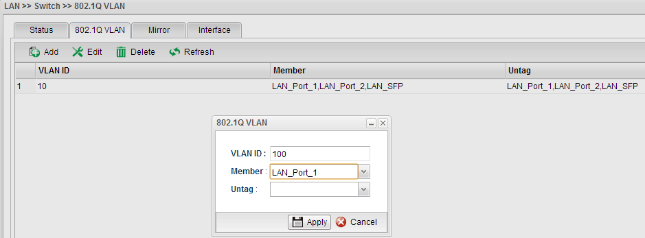 a screenshot of Vigor3900 802.1Q VLAN settings